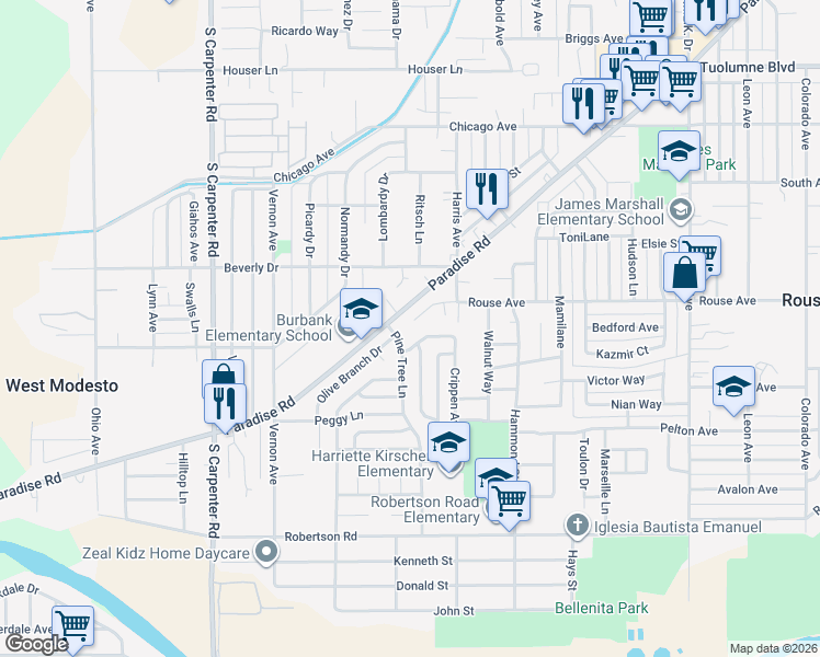 map of restaurants, bars, coffee shops, grocery stores, and more near 1945 Rouse Court in Modesto