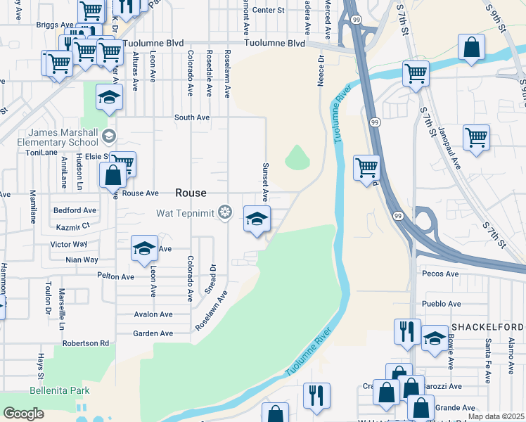 map of restaurants, bars, coffee shops, grocery stores, and more near 731 Sunset Avenue in Modesto