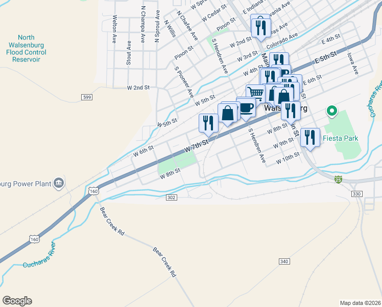 map of restaurants, bars, coffee shops, grocery stores, and more near 601-699 W 7th St in Walsenburg