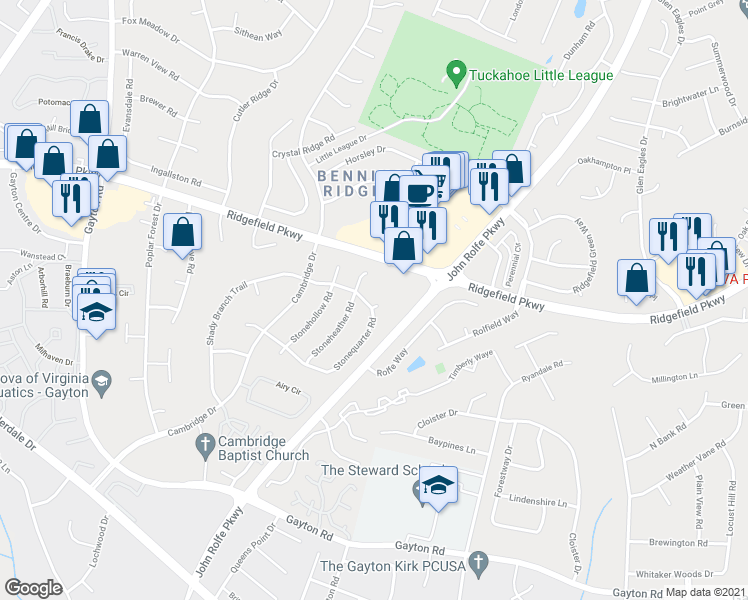 map of restaurants, bars, coffee shops, grocery stores, and more near 2100 Stonequarter Court in Henrico