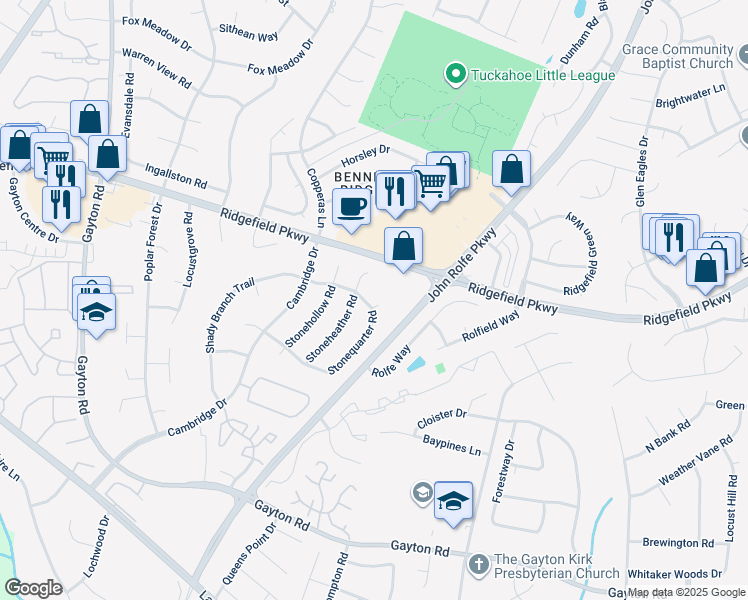map of restaurants, bars, coffee shops, grocery stores, and more near 2100 Stonequarter Court in Henrico