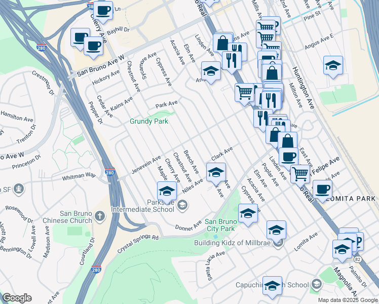 map of restaurants, bars, coffee shops, grocery stores, and more near 485 Oak Avenue in San Bruno