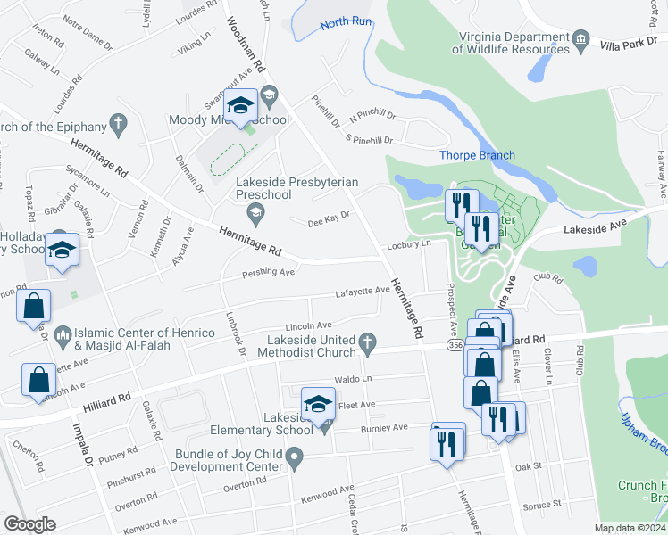 map of restaurants, bars, coffee shops, grocery stores, and more near 7326 Hermitage Road in Henrico