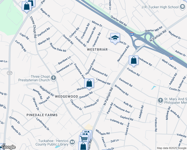 map of restaurants, bars, coffee shops, grocery stores, and more near 8806 Lawndell Road in Richmond
