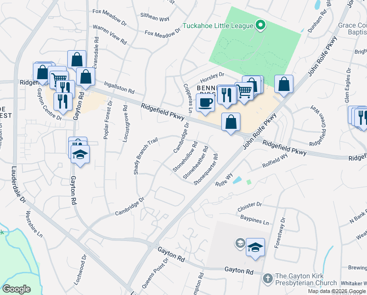 map of restaurants, bars, coffee shops, grocery stores, and more near 2021 Cambridge Drive in Richmond