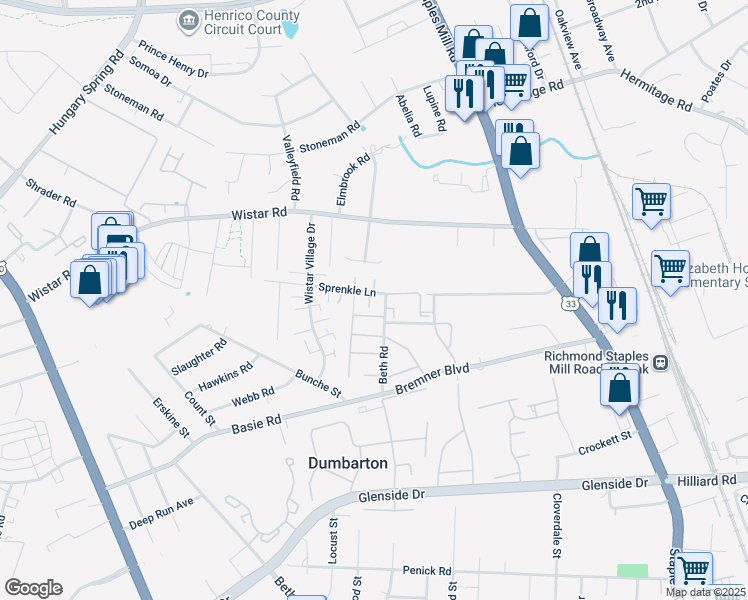 map of restaurants, bars, coffee shops, grocery stores, and more near 4401 Sprenkle Lane in Henrico