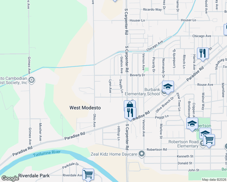 map of restaurants, bars, coffee shops, grocery stores, and more near 1626 Wolf Avenue in Modesto