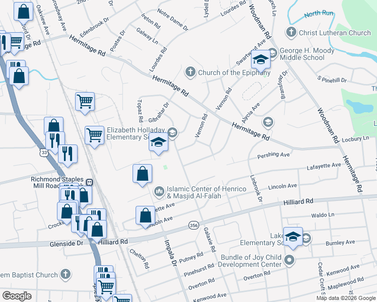 map of restaurants, bars, coffee shops, grocery stores, and more near 7207 Vernon Road in Richmond