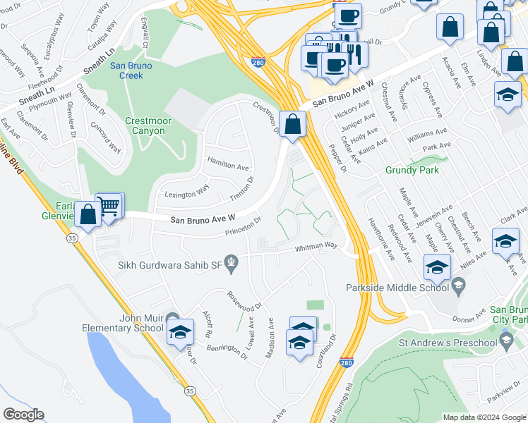 map of restaurants, bars, coffee shops, grocery stores, and more near 8129 Shelter Creek Lane in San Bruno