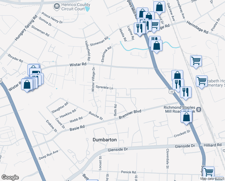map of restaurants, bars, coffee shops, grocery stores, and more near 4393 Sprenkle Lane in Henrico