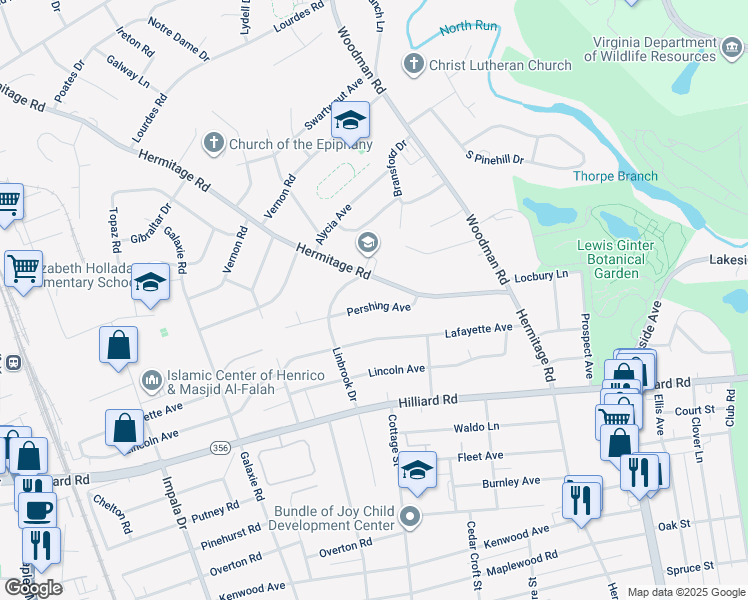 map of restaurants, bars, coffee shops, grocery stores, and more near 2610 Pershing Avenue in Henrico
