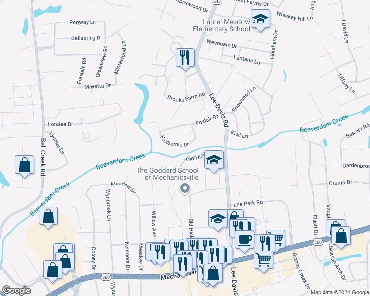 map of restaurants, bars, coffee shops, grocery stores, and more near 7115 Foxbernie Drive in Mechanicsville