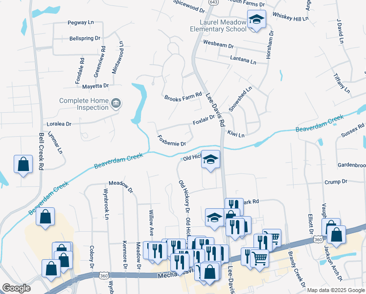 map of restaurants, bars, coffee shops, grocery stores, and more near 7115 Foxbernie Drive in Mechanicsville