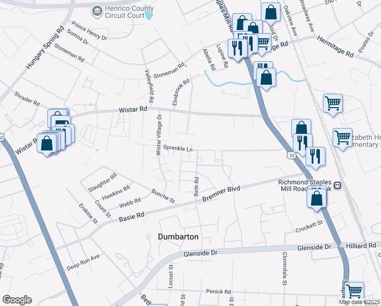 map of restaurants, bars, coffee shops, grocery stores, and more near 4393 Sprenkle Lane in Henrico