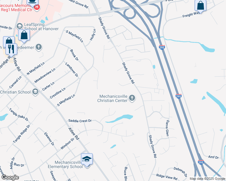map of restaurants, bars, coffee shops, grocery stores, and more near 8043 Shady Knoll Lane in Mechanicsville
