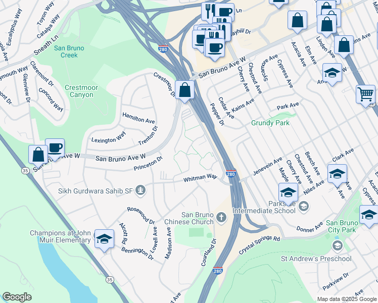 map of restaurants, bars, coffee shops, grocery stores, and more near 6122 Shelter Creek Lane in San Bruno