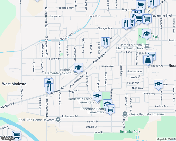 map of restaurants, bars, coffee shops, grocery stores, and more near 1945 Rouse Court in Modesto