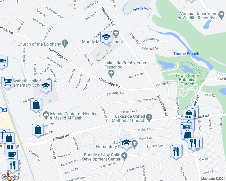 map of restaurants, bars, coffee shops, grocery stores, and more near 2610 Pershing Avenue in Henrico