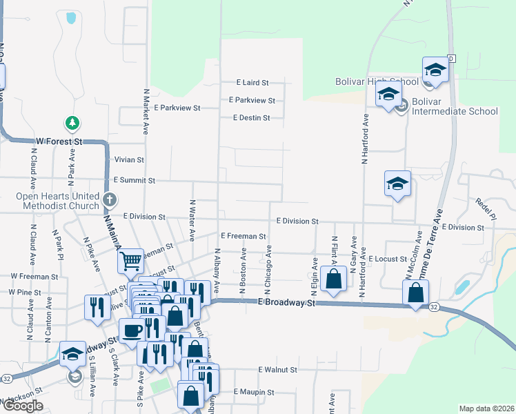map of restaurants, bars, coffee shops, grocery stores, and more near 718 East Lindon Street in Bolivar