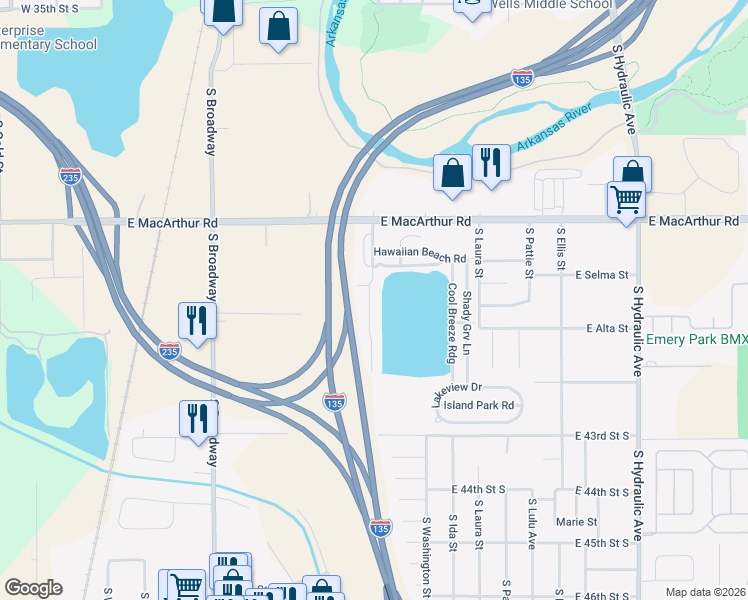 map of restaurants, bars, coffee shops, grocery stores, and more near 304 Alfalfa Street in Wichita