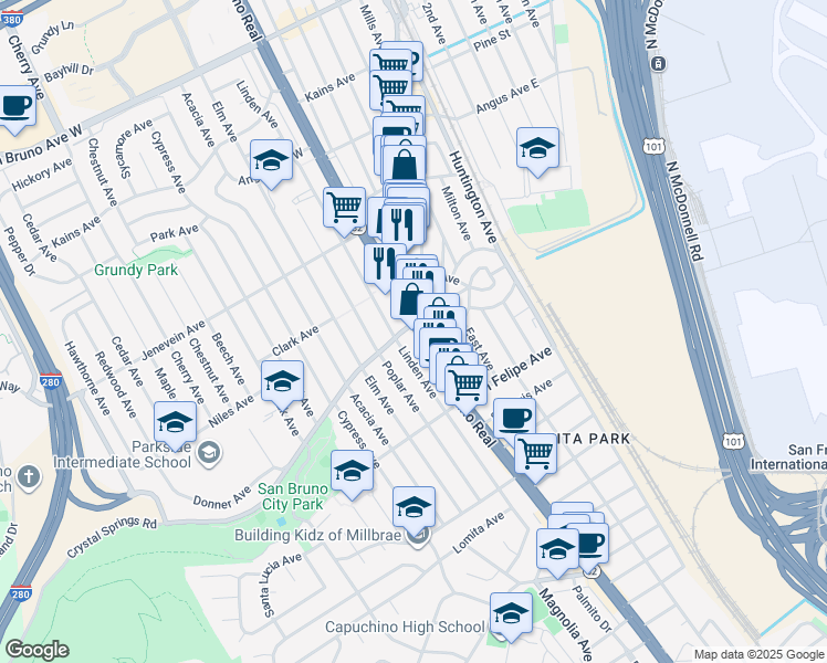 map of restaurants, bars, coffee shops, grocery stores, and more near 293 California 82 in San Bruno