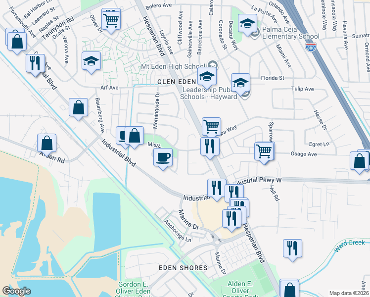 map of restaurants, bars, coffee shops, grocery stores, and more near 2563 Tahoe Avenue in Hayward