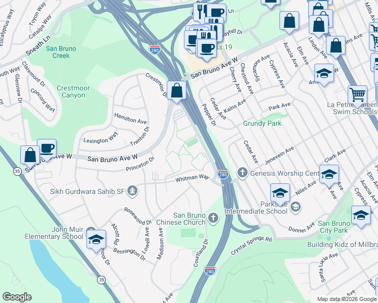 map of restaurants, bars, coffee shops, grocery stores, and more near 701 Shelter Creek Lane in San Bruno