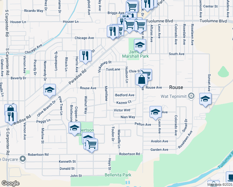 map of restaurants, bars, coffee shops, grocery stores, and more near 1629 Bedford Avenue in Modesto