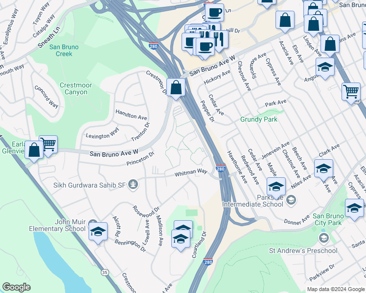 map of restaurants, bars, coffee shops, grocery stores, and more near 7121 Shelter Creek Lane in San Bruno