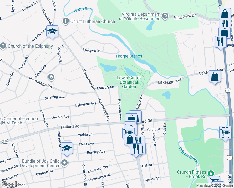 map of restaurants, bars, coffee shops, grocery stores, and more near 7210 Prospect Avenue in Henrico