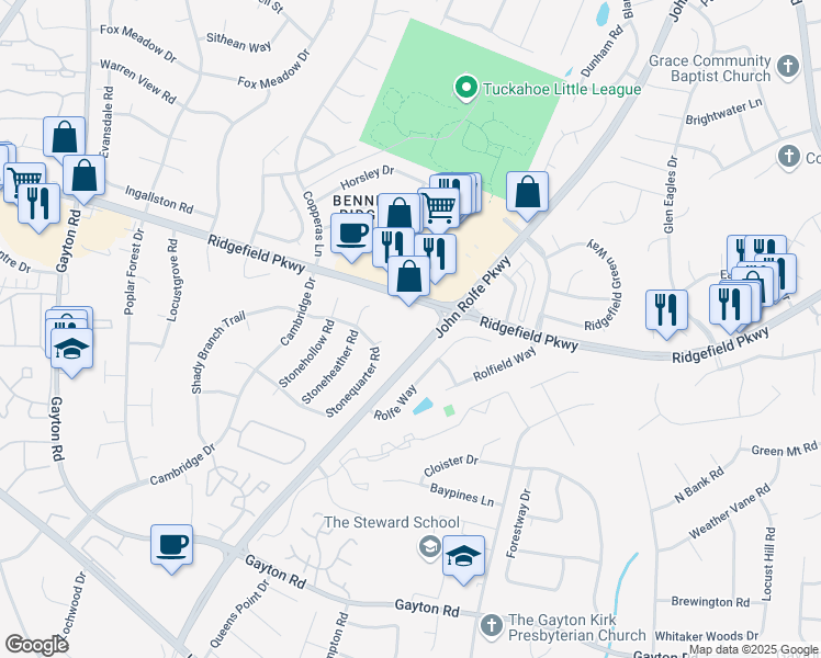map of restaurants, bars, coffee shops, grocery stores, and more near 2012 John Rolfe Parkway in Richmond