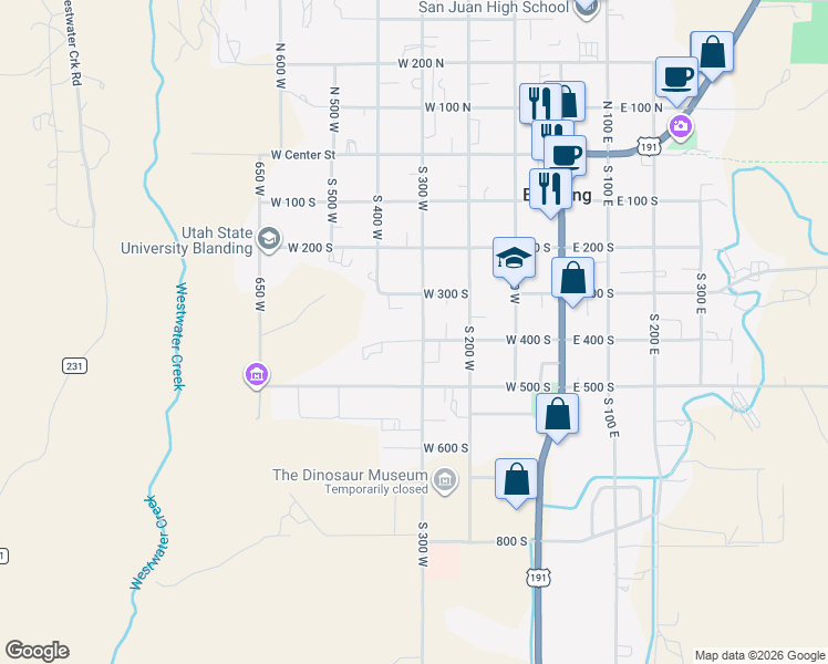 map of restaurants, bars, coffee shops, grocery stores, and more near 386 South 300 West in Blanding