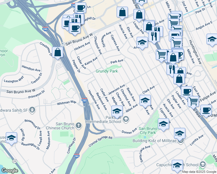 map of restaurants, bars, coffee shops, grocery stores, and more near 516 Maple Avenue in San Bruno