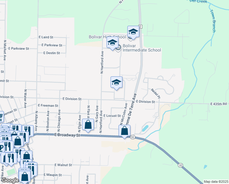 map of restaurants, bars, coffee shops, grocery stores, and more near 1417 E Lindon St in Bolivar