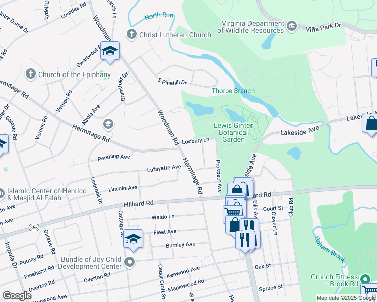 map of restaurants, bars, coffee shops, grocery stores, and more near 7215 Hermitage Rd in Richmond