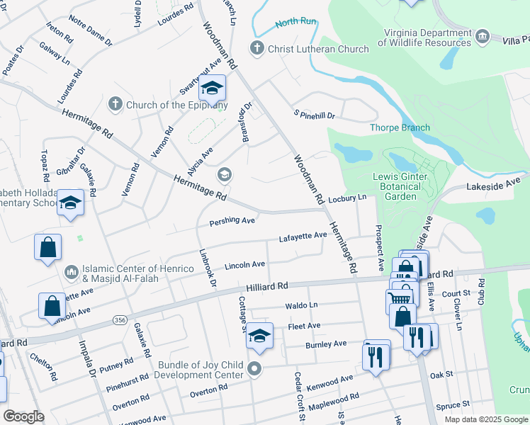 map of restaurants, bars, coffee shops, grocery stores, and more near 7333 Hermitage Road in Henrico