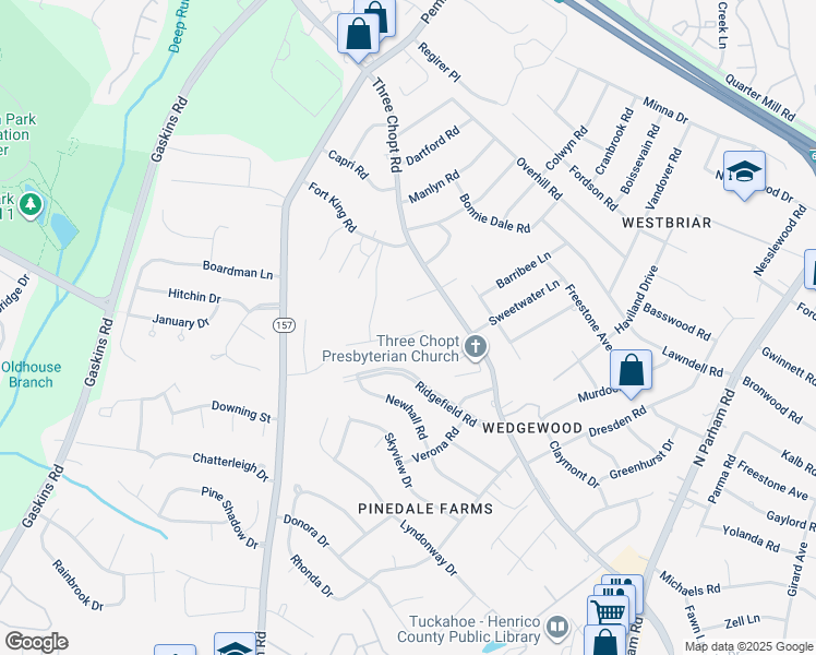 map of restaurants, bars, coffee shops, grocery stores, and more near 9608 Wildbriar Lane in Henrico