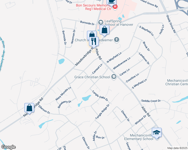 map of restaurants, bars, coffee shops, grocery stores, and more near 8287 Carneal Lane in Mechanicsville