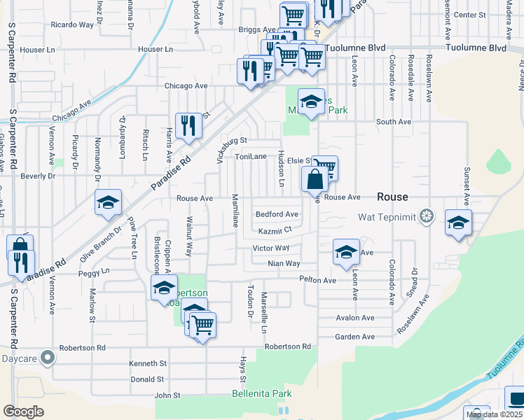 map of restaurants, bars, coffee shops, grocery stores, and more near 1625 Bedford Avenue in Modesto
