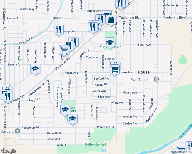 map of restaurants, bars, coffee shops, grocery stores, and more near 1629 Bedford Avenue in Modesto
