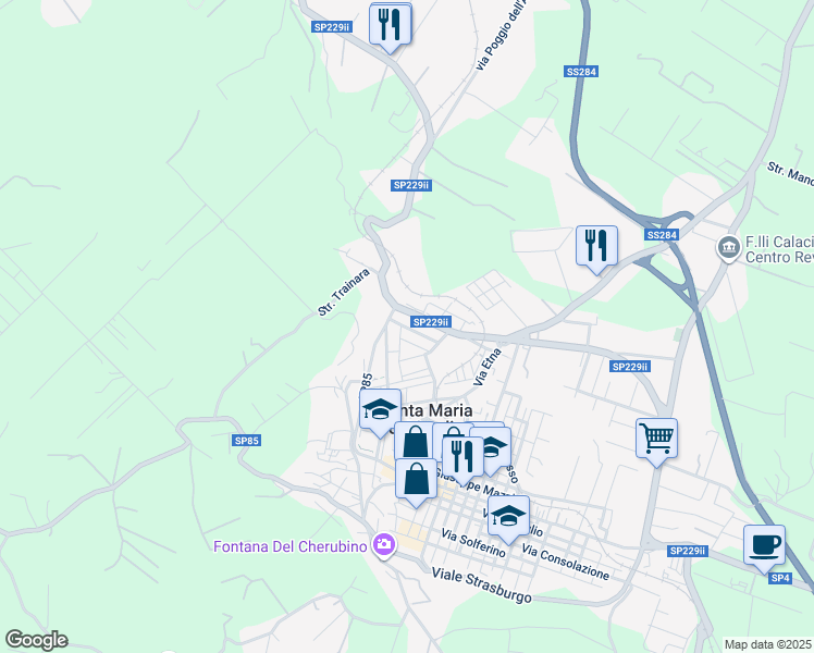 map of restaurants, bars, coffee shops, grocery stores, and more near 10 Via dello Stadio in Santa Maria di Licodia