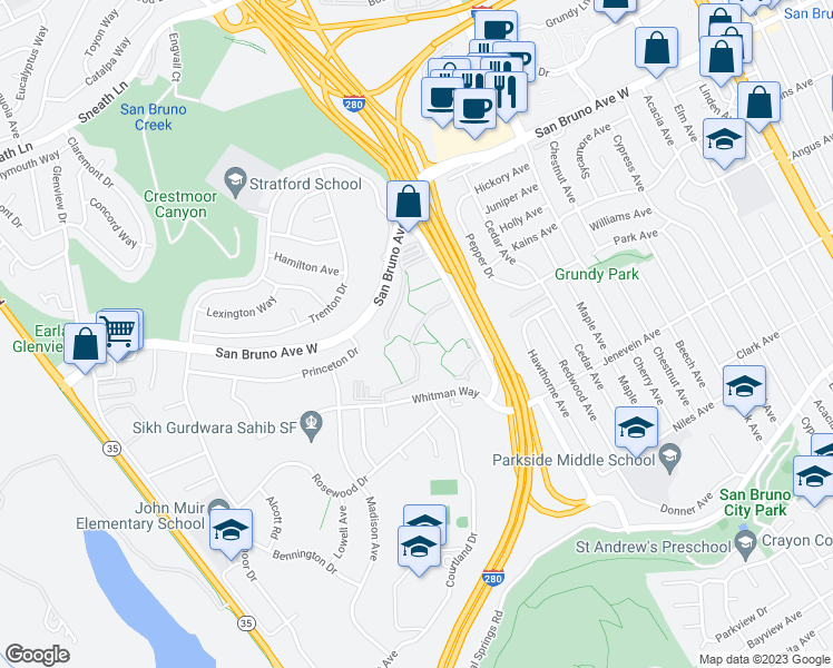 map of restaurants, bars, coffee shops, grocery stores, and more near 7213 Shelter Creek Lane in San Bruno