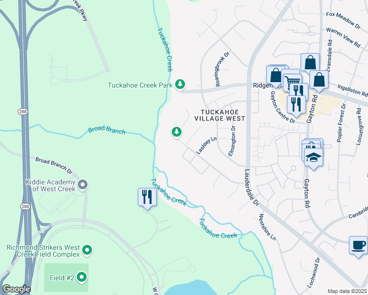 map of restaurants, bars, coffee shops, grocery stores, and more near 2216 Ashcreek Drive in Richmond