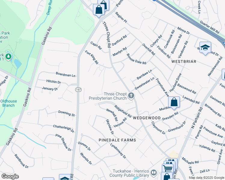 map of restaurants, bars, coffee shops, grocery stores, and more near 9608 Wildbriar Lane in Henrico