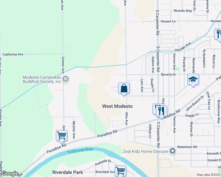 map of restaurants, bars, coffee shops, grocery stores, and more near 1535 Ohio Avenue in Modesto