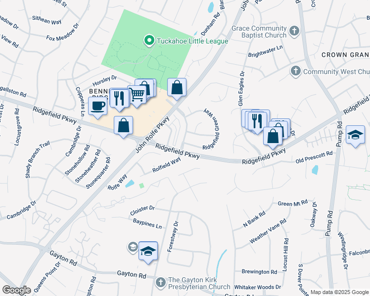 map of restaurants, bars, coffee shops, grocery stores, and more near 2100 Ridgefield Green Way in Henrico