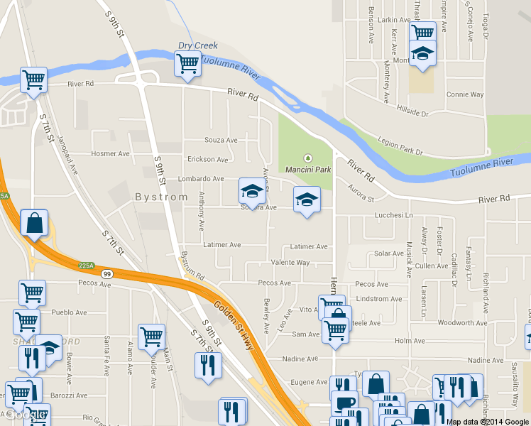 map of restaurants, bars, coffee shops, grocery stores, and more near 701 Avon Street in Modesto