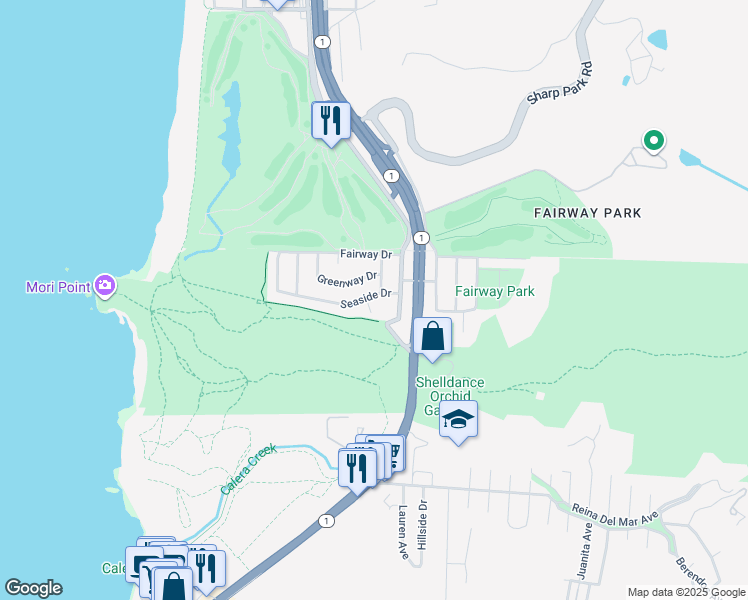 map of restaurants, bars, coffee shops, grocery stores, and more near 372 Seaside Drive in Pacifica