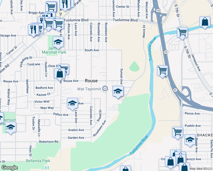 map of restaurants, bars, coffee shops, grocery stores, and more near 716 Roselawn Avenue in Modesto