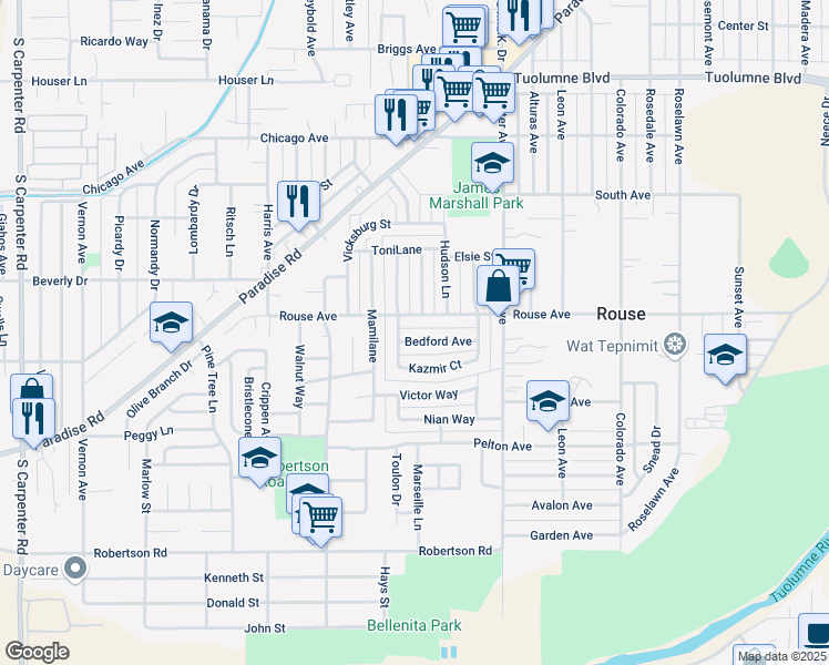 map of restaurants, bars, coffee shops, grocery stores, and more near 1629 Bedford Avenue in Modesto